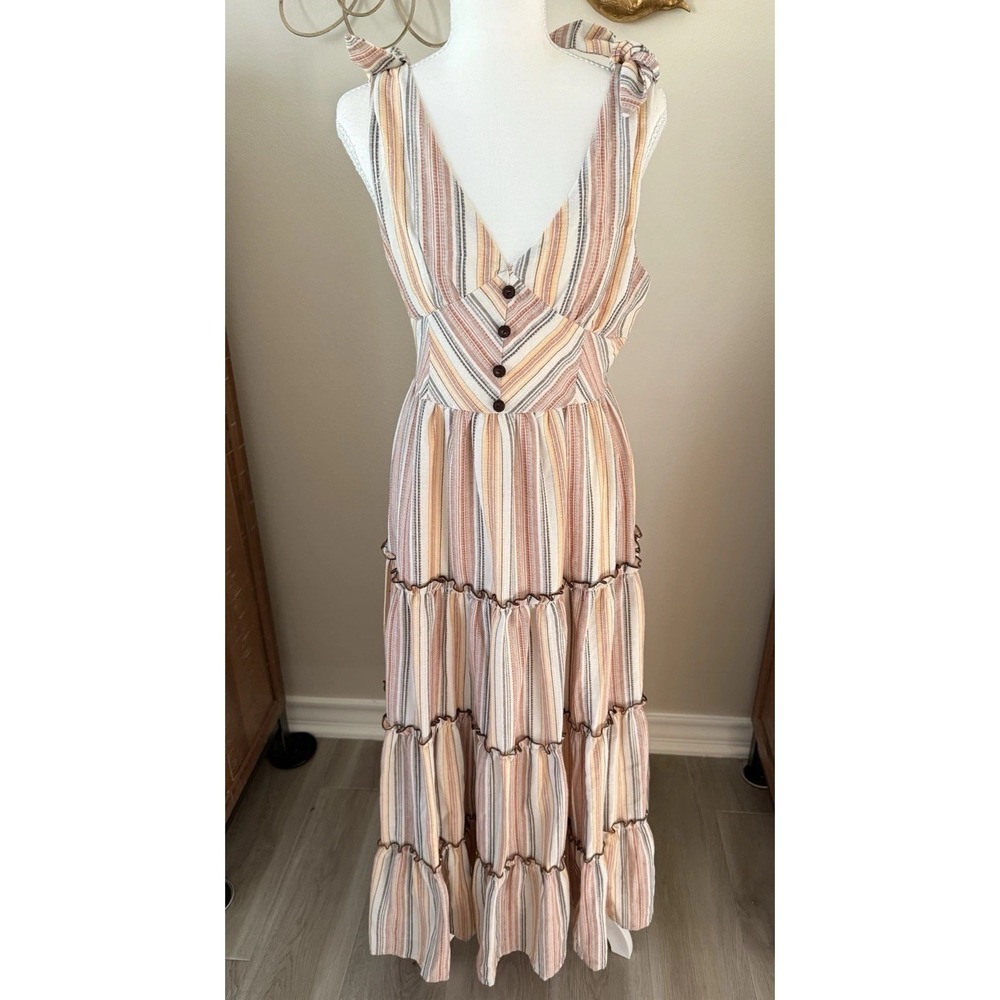 Camellia Tie Shoulder Maxi Dress Womens S Striped Tiered Boho Cottagecore